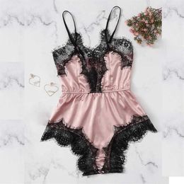 New Women Sexy Saked Sack Satin Nightwear Bodysuit Sexy Nightwear Satin Sleepwear Night Jumpsuit Female Silk Playsuit Sleepwear X0269i