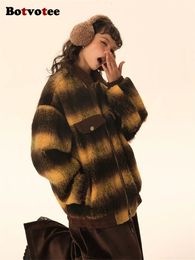 Women Blends Botvotee Plaid Coat Kobiety jesienne zima 2023 Moda Vintage Turn Down Coats Chic Długie rękawie kurtki 231005