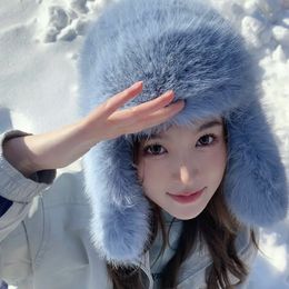 M675 Blue Furry Hat For Women Sweet Plush Caps Winter Thick Warm Faux Fur Beanie Ski Ear Protection Hats