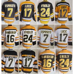 Men Retro Hockey 7 Phil Esposito Jerseys Vintage Classic 16 Derek Sanderson 17 Milan Lucic 24 Terry OReilly 75 Anniversary Embroidery And Sewing Retire CCM High