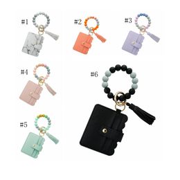 Silicone Beaded Key Ring Bracelet with Tassel Card Wallet Girls Elastic Keyring Bangle Keychain Bracelet Wristlet Fashion Jewellery 6 Colours