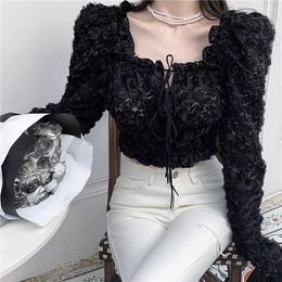 Women's Blouses Lace Design Short Shirt Women Spring Autumn Square Neck Long Sleeve White Elastic Waist Ladies Casual Y2K Fashion Blouse