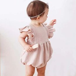 Rompers Baby Girls Rompers Summer Solid Color Cotton Linen Ruffles Fly Sleeveless Infant Kids Climb Clothing Jumpsuits 3-24M 231005