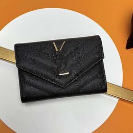Money Clips V-grid genuine leather flip short women's large capacity cowhide caviar letter two fold zero wallet