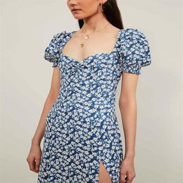 2020 Spring Autumn Short Sleeve Sweetheart Neck Blue Floral Print Mid-Calf Dress Women Fashion Shirt S2718090280f