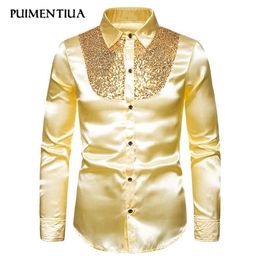 Puimentiua Sequin Shirt Men Wedding Groom Dress Long Sleeve Shirts Mens Nightclub Disco Dance Party Prom Custyme Fashion 2020252k