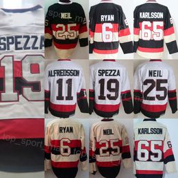 Men Retro Hockey 25 Chris Neil Jerseys Vintage Classic 11 Daniel Alfredsson 6 Bobby Ryan 65 Erik Karlsson 19 Jason Spezza All Stitching Black White Beige Team Color