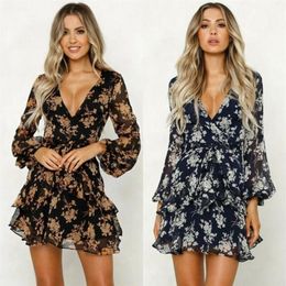 Casual Dresses Womens Boho Floral Chiffon Long Sleeve Wrap Summer Party Evening V-neck Beach Short Mini Dress Sundress S-XL Female184I