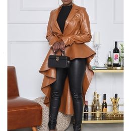 Women's Leather Faux PU Coat for Women Long Trench Ruffle Pleated Hem Asymmetrical Casual High Street Vintage Solid Winter Outerwear 230928