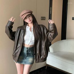 Women's Leather Vintage Fashion Korean Girls PU Coat Loose Boyfriend Design Long Sleeves Zipper Up Faux Jacket