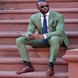 Cool Fashion Army Green Linen Men Suit Attractive Party Prom Tuxedo Mens Casual Style Daily Work Wear Suits Jacket Pants Tie2988