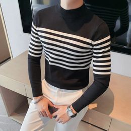 Men's Sweaters Autumn Winter Striped Half Turtleneck Sweater Men Long Sleeve Slim Fit Knitted Pullovers Men's Warm Knitwear Tops Streetwear 231005