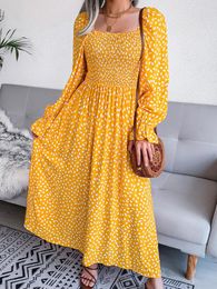 Casual Dresses Autumn Elegant Long Women Square Neck Backless Polka Dot Print Dress Female Loose Sleeve Slim Pleated