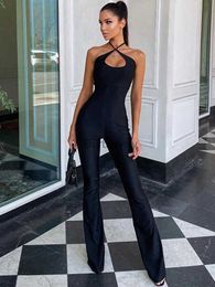 Women's Jumpsuits Rompers Neck Mounted Sexy Black Jumpsuits For Women Sleeveless Low Cut Elegant One Piece Outfit Slight Flared Pants Jump Suit OverallL231005