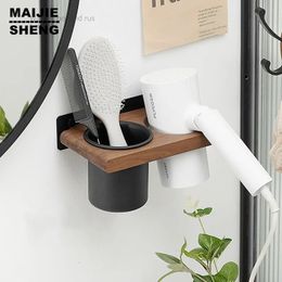 Bathroom Shelves Bathroom Wall Mount Hair Dryer Holder Hair Care Styling Tool Organizer Farmhouse Wooden Beauty Hair Appliance Holder 230927