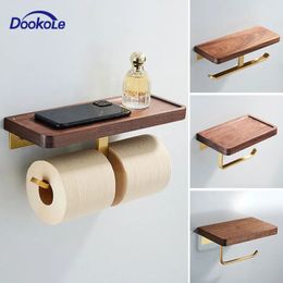 Toilet Paper Holders DOOKOLE Double Roll Holders with Solid Wood Shelf Wall Mount Toilet Paper Holder with Shelf Toilet Paper Storage Gold 230927