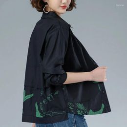 Women's Jackets 2023 Spring Autumn Black Coat Women Printed Loose Jacket Casual Long-Sleeved Outwear Lapel Tops Summer Thin