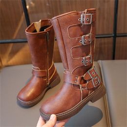 Fashion Kids Boots Autumn Girls Side Zipper Thigh Boot Childrens Flat Heels Boots Soft Sole Baby Booties Princess Leather Shoes