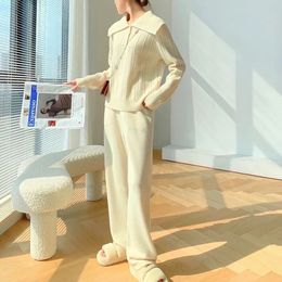 Womens Two Piece Pants Women Sweater Knit Suits Long Sleeve Loose Jumper Sailor Collar Top Female Trousers Knitted Sets Tracksuit Autumn Winter 231005