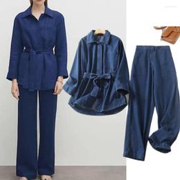 Women's Two Piece Pants Maxdutti British High Street Vintage Washed Denim Casual Sets Jacket Coat Pocket Waist Loose Harem Jeans Women