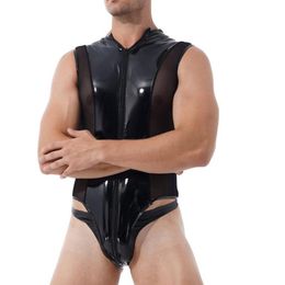 Men's Body Shapers Men Shiny Metallic Patent Leather Clubwear Sheer Mesh Splice Lingerie Bodysuit Double Zipper High Cut Thon257p