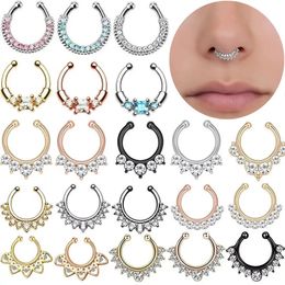 Nose Rings Studs 12Piece Stainless Stell Fake Nose Ring Septum Piercing Jewellery Crystal Fake Septum Piercing Ring Bulk Faux Nose Piercing Lot 231005