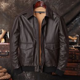 Men s Leather Faux Bomber A2 Pilot Genuine Jacket Men Warm 100 Cow Air Force Coat Dark Brown Cowhide Motorcycle Jackets 231005