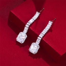 Luxury Long Charm Designer Earring for Woman Wedding Square Diamond Love Silver Earrings White AAA Cubic Zirconia Coppers Womens Bride Engagement Jewelry Gift 4.5cm