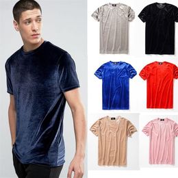 Velour men's t shirts Solid color Black Blue Tshirt Short sleeve men korean casual compression O neck Velvet tee tops273u