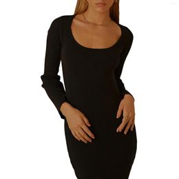 Casual Dresses 2023 Autumn Women's Knitted Elegant Ladies Solid Colour Round Neck Flared Long Sleeve Slim Fit Sexy Dress