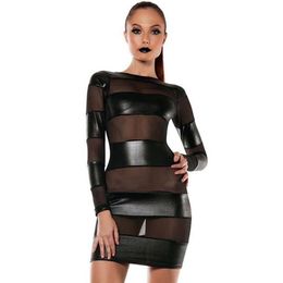 Casual Dresses Sexy Women Wet Look PVC Mesh Insert Bodycon Clubwear Fashion Black Long Sleeve Vinyl Leather Dress Vestidos Kleid R260Y