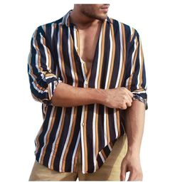 Button Up Men Summer Shirts Long Sleeve Fashion Stripe Casual Slim Fit Cotton Linen Autumn Outwears242A