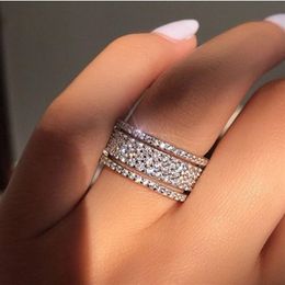 Elegant Silver Colour Rhinestone Crystal Ring Wide Stainless Steel Love Rings For Women Wedding Engagement Jewellery Gifts260L