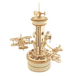 Electric RC Track Robotime Rokr 3D Wooden Puzzles for Adults DIY Musical Box Model Kit to Build Self Assembly Building Aeroplane Control Tower 230928