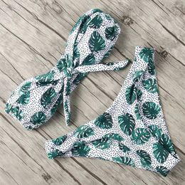 Women's Swimwear Leaves Hawaii Print Bikinis Women Swimsuit Tie Bow Cut Bandeau Set Push Up Strapless Thongs Bathing Suit Beach Wear