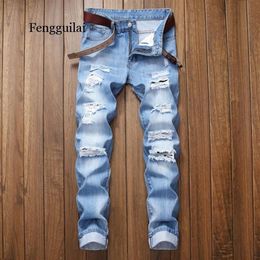 New Fashion Ripped Jeans Men Patchwork Hollow Out Printed Beggar Cropped Pants Man Cowboys Demin Pants Male291h