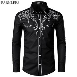 Stylish Western Cowboy Shirt Men Brand Design Embroidery Slim Fit Casual Long Sleeve Shirts Mens Wedding Party Shirt for Male 2104319J