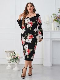Plus Size Dresses Printed Square Neck Waist-cinched Hip-long Sleeve Dress
