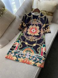 Basic Casual Dresses High Quality Summer Women Fashion Runway Mini Dress Short Sleeve Crystal Beading Vintage Printed A-Line Dresses 2024