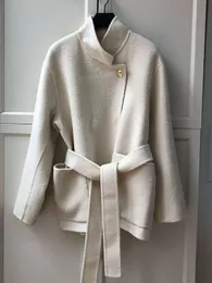 23 Autumn/Winter New Maj Cream White Small Stand Neck Gold Buckle Wool Lace up Short M Home Coat Coat Coat
