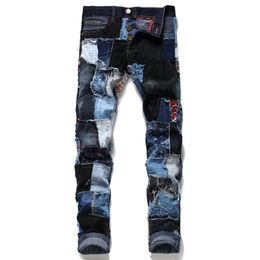 Unique Mens Patchwork Ripped Jeans Fashion Spliced Straight Leg Slim Frayed Colourful Denim Pants Streetwear Trousers For Male 248301u