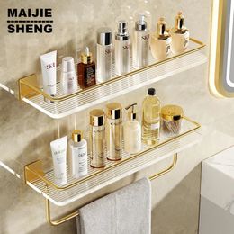 Bathroom Shelves Bathroom Floating Shelves Gold Wall Mounted Storage with Towel Bar for Kitchen Bedroom Acrylic Wall Shelf Set with Towel Rack 230927