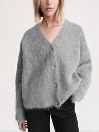 Women's Knits Women White Or Grey Knit Cardigan Silhouette V-neck Loose Casual 2023 Fall Winter Long Sleeve Female Sweater Coat