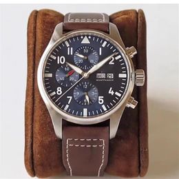 Classic New Men Automatic Mechanical Pilots Watch Stainless Steel Daydate Sapphire Brown Leather Blue Dial Sport Watches251P