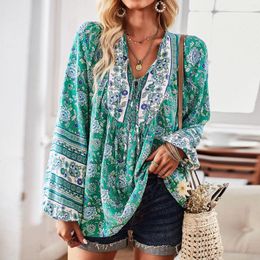 Women's Blouses Bohemian Printed Long Sleeved Tassel Top Retro V-neck Autumn Casual Loose Rayon Blouse Blusas A Rayas Para Mujer