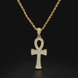 Egyptian Ankh Key of Life Gold Plated Cross Pendant Necklace Chain Charm Full Rhinestone Luxury Cross Pendant Jewelry Drop Shippin237f