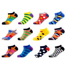 12 Pairs Lot Men Casual Summer Ankle Socks Colorful Happy Funny Combed Cotton Striped Novelty Hip Hop Tendy Short Socks2229