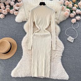 Casual Dresses Elegant O-neck Sleeved Knitted Pencil Dress Ultrathin Basic Fashion Sweater Tank Top Sexy Women's Autumn And Winter Clothing
