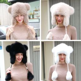 Women Fashion Cat Ear Ear Protector Solid Colour Plush Bomber Caps Faux Fur Hat Windproof Warm Fluffy Thickened