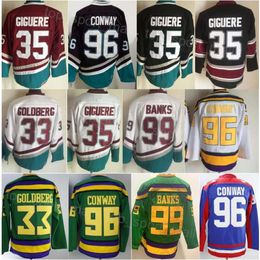 Men Retro Hockey 35 Giguere Jerseys 33 Greg Goldberg 96 Charlie Conway 99 Adam Banks Vintage Classic Movie Green 1993 Vintage Red Black Stitched Pure Cotton Team